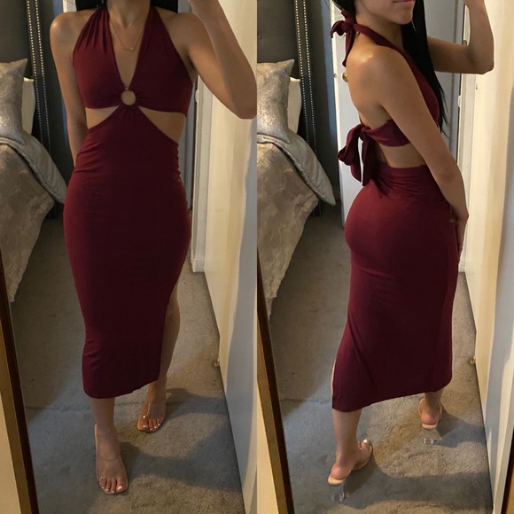 NEW Burgundy Wine Front Cut Out Halter Neck Back Tie Midi Dress - Picture 2 of 10